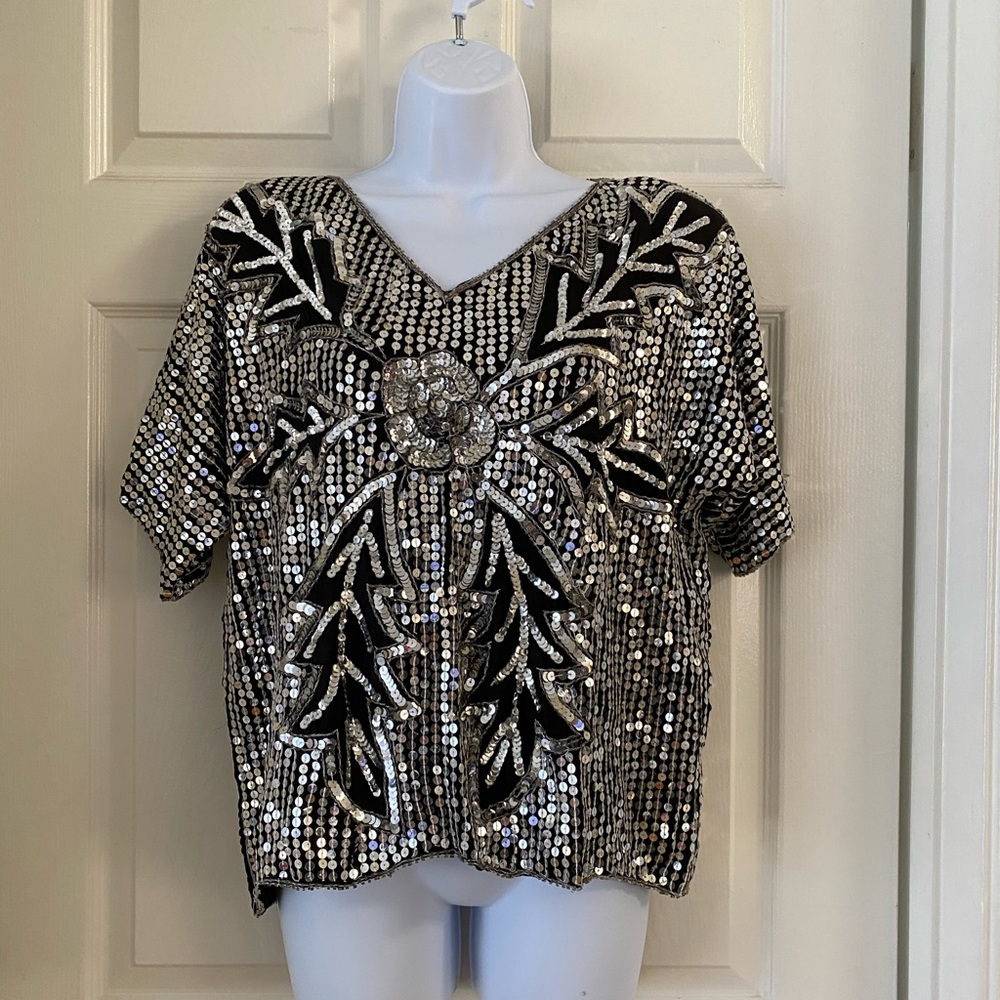 Vintage 100% silk sequin top xs